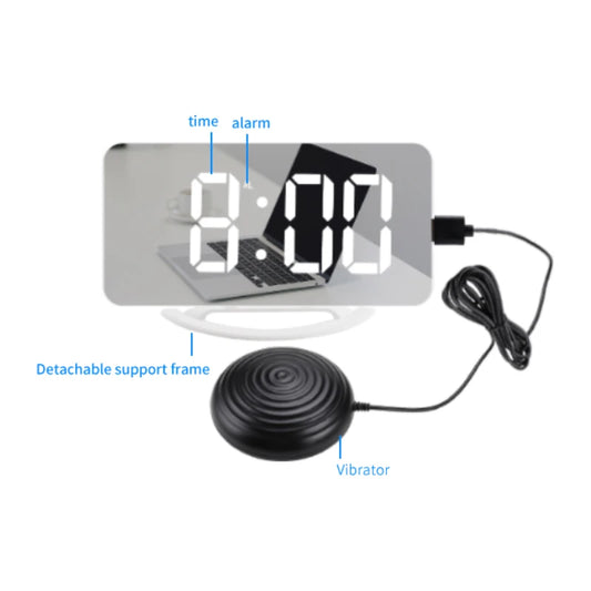 LED Vibration Mirror Alarm Clock Strong Vibrating Reminder Shaker for Deaf Hearing Impaired Heavy Sleepers Night Light Snooze