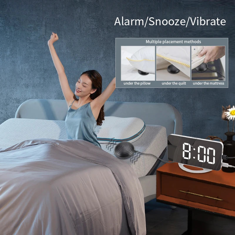 LED Vibration Mirror Alarm Clock Strong Vibrating Reminder Shaker for Deaf Hearing Impaired Heavy Sleepers Night Light Snooze