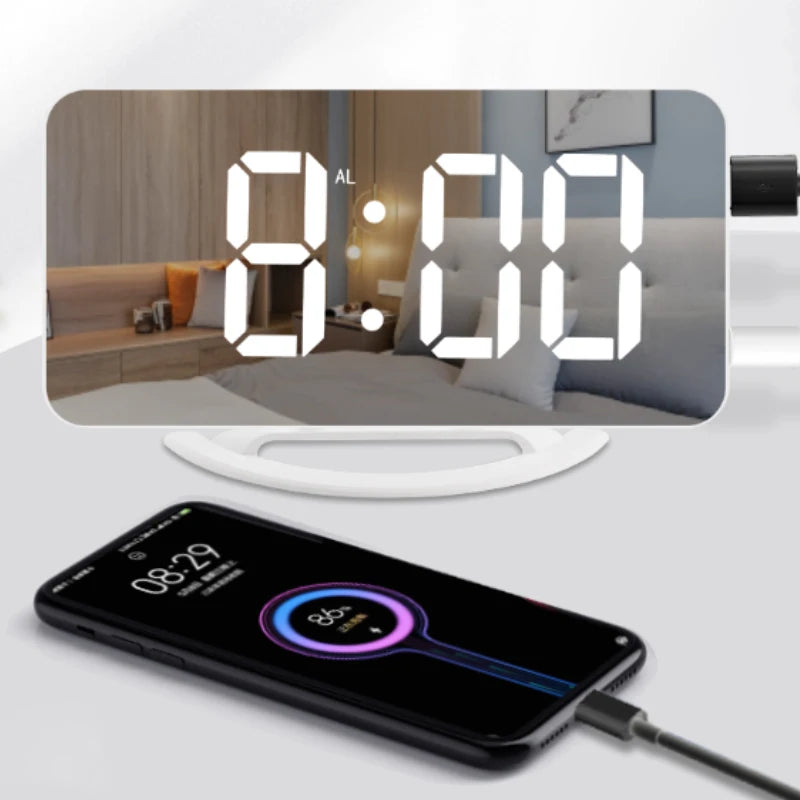 LED Vibration Mirror Alarm Clock Strong Vibrating Reminder Shaker for Deaf Hearing Impaired Heavy Sleepers Night Light Snooze