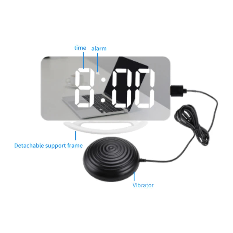 LED Vibration Mirror Alarm Clock Strong Vibrating Reminder Shaker for Deaf Hearing Impaired Heavy Sleepers Night Light Snooze